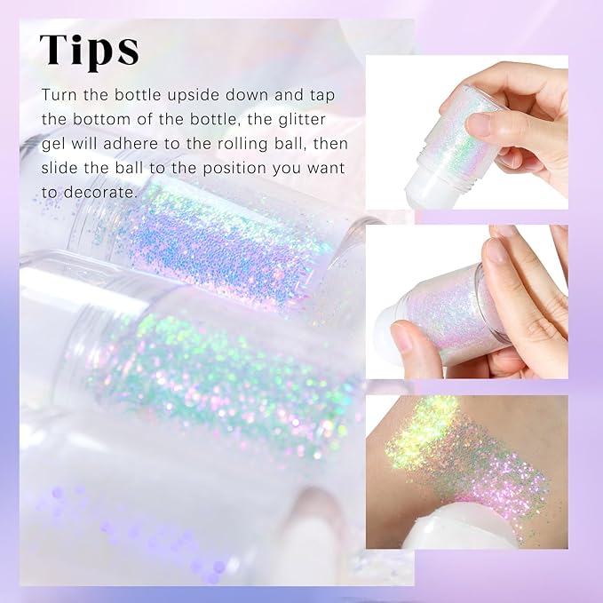 2 Colors Roll-on Body Glitter Gel, Holographic Glitter Gel Under Light for Face Hair, Body Shimmer for Rave Accessories Christmas New Year Halloween Makeup (9+10)