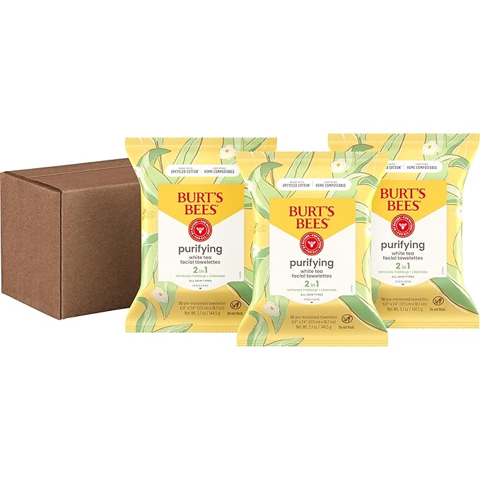 Burt's Bees Stocking Stuffers, Purifying Facial Towelettes Christmas Gifts With White Tea, Gentle Face Cleanser Pre-Moistened Towelettes, Makeup Remover Wipes, 30 ct. Package (3-Pack)