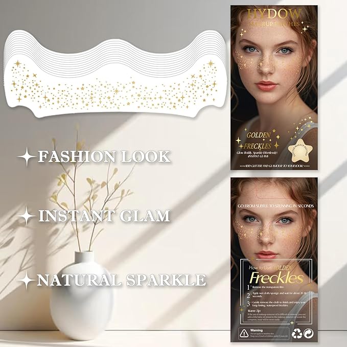 Glitter Freckles, Holographic Face and Body Glitter Tattoo Sparkle for Women Gold Glow Cosmetic Star Makeup Accessories for Festival Rave (12pcs Gold)