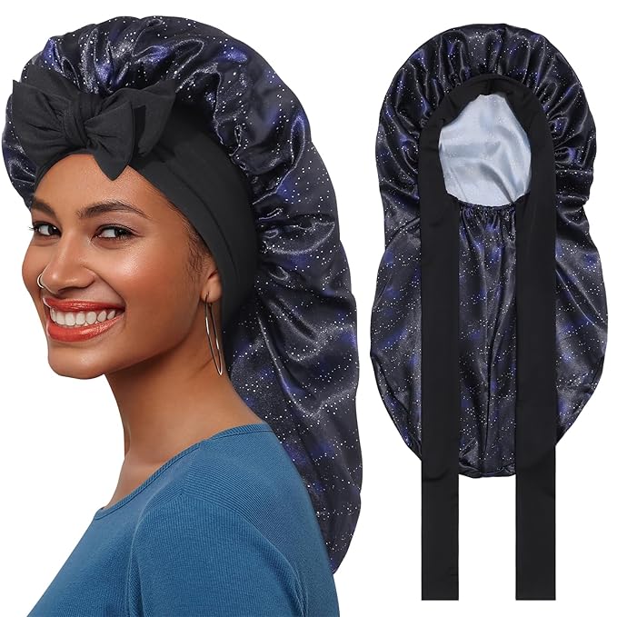 AWAYTR Long Satin Bonnet for Braids - Elastic Silk Hair Bonnets for Sleeping Night Cap Stretchy Tie Band for Women(Midnight)