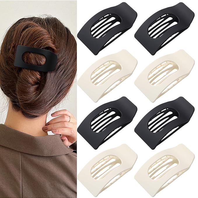 8 Pack Black White Flat Hair Clips for Women – Large Matte Rectangle No-Slip Claw Clips for Thick & Thin Hair, Strong Hold Square Hair Accessories