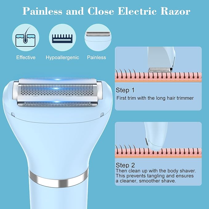 3-in-1 Electric Razor IPX7 Waterproof Bikini Trimmer Wet & Dry Use Painless Personal Trimmer Groomer for Ladies Face Body Legs Bikini Public Hairs Electric Lady Shaver with Replaceable Heads