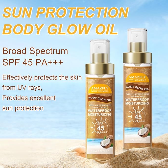 Body Glow Oil, SPF 45 PA+++, Sunscreen Body Oil with AMBER Mica, Moisturizing Coconut with Vitamin E, Glow Moisturizer, Lightweight, Water Resistant, 3.72 fl oz (#3 AMBER)