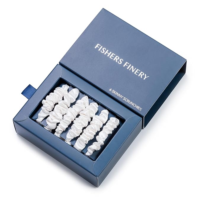 Fishers Finery 25 Momme Pure Mulberry Silk Skinny Scrunchies | Hair Tie Set for Thin Hair (Natural White- 6 Pk)