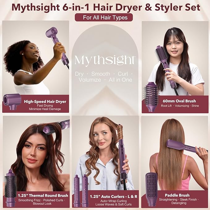 StyleVibe 6-in-1 Air Styler, Hair Dryer & Blow Dryer Brush with Travel Case - Auto Wrap Curls (L/R), Fast Drying, Thermal Round Brush for Smooth Blowouts & Frizz-Free Volume, No Heat Damage