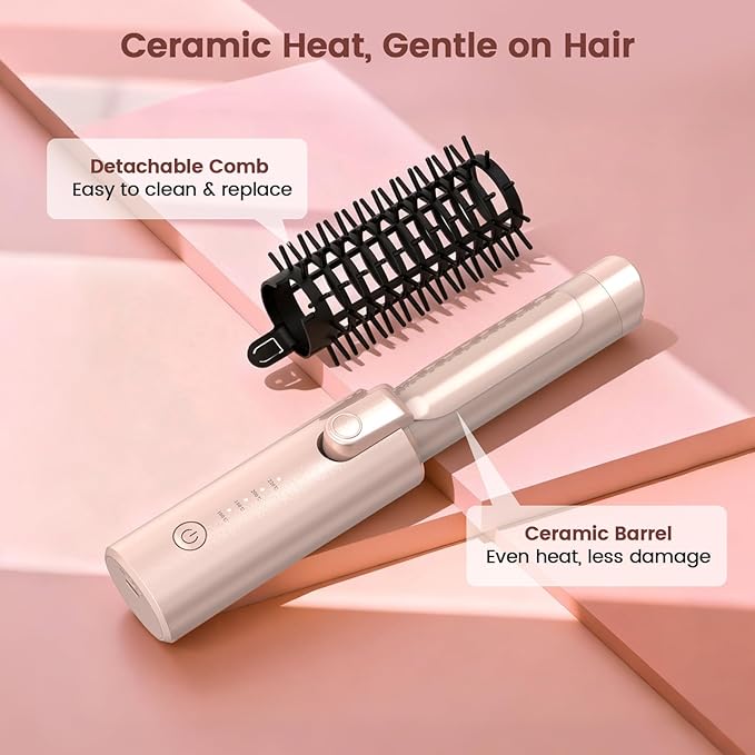 Youbella Cordless Hair Curling Iron Brush, Portable Travel Hair Curler, Mini 1.5″ Heated Round Brush, 3-in-1 USB Rechargeable Straightening Wand for Styling & Smoothing, 200 Million Ionic Care, Pink