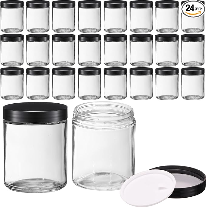 24 Pcs 8 oz Glass Jars with Lids, Clear Candle Jars with Black Lids Round Empty Candles Container Tins for Candle Making Storing Lotions Spice Powder Liquid Sample Makeup (Clear)