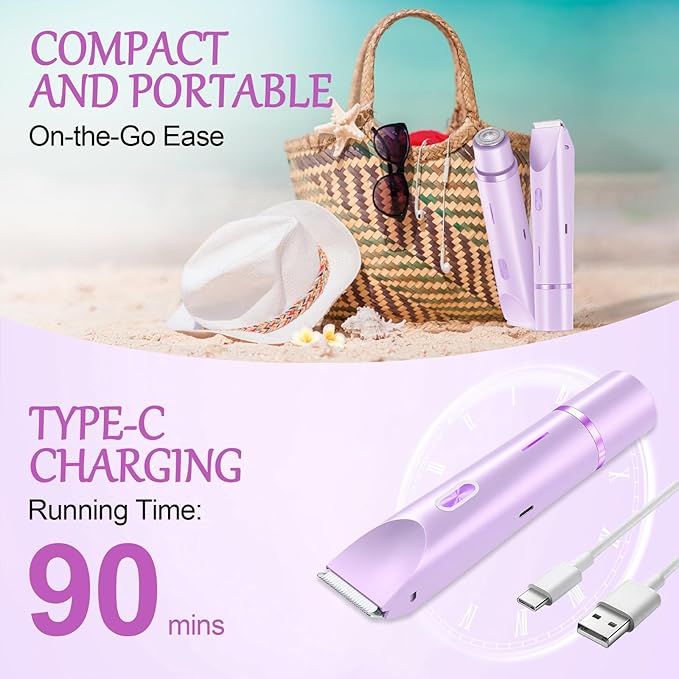 2-in-1 Bikini Trimmer for Women, Bikini Shaver, Dual Head Electric Razor, IPX7 Waterproof Wet/Dry, USB Rechargeable for Pubic/Underarm/Leg, Pink