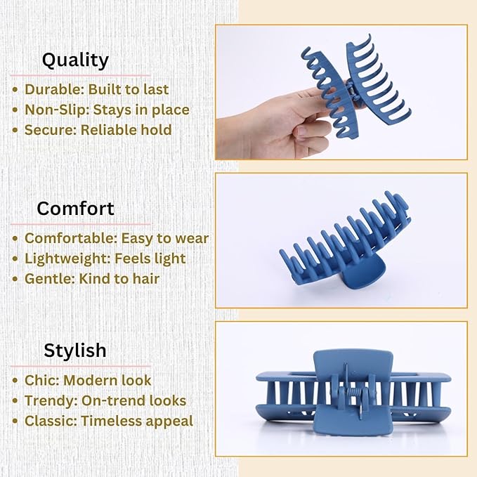 Blue Hair Clips for Women - 8 Pack 4.3 Inch Large Hair Claw Clips for Women Thin Thick Curly Hair, Big Matte Banana Clips,Strong Hold jaw clips