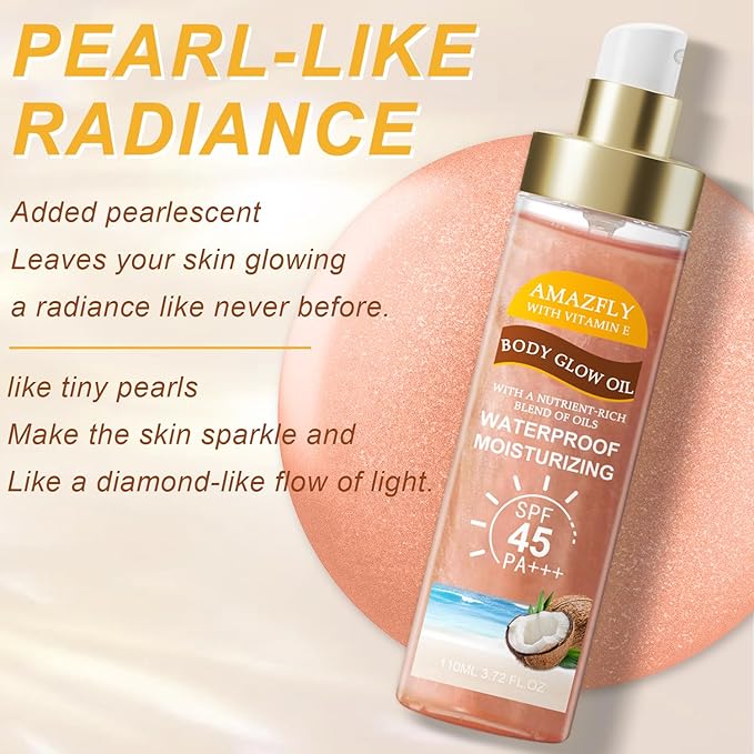 Body Glow Oil, SPF 45 PA+++, Sunscreen Body Oil with Rose Gold Mica, Moisturizing Coconut with Vitamin E, Glow Moisturizer, Lightweight, Water Resistant, 3.72 fl oz,ROSE