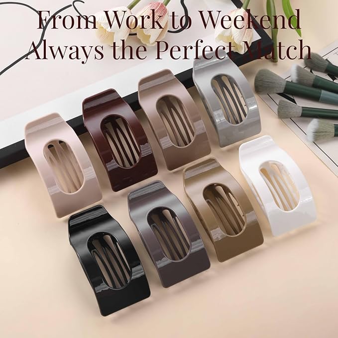 8 Pack Flat Hair Clips for Women – Large Glossy Neutral Rectangle No-Slip Claw Clips for Thick & Thin Hair, Strong Hold Square Hair Accessories for Work & Stylish Outfits