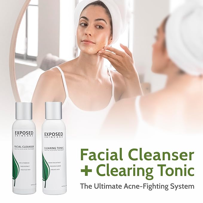 Exposed Skin Care, Basic Acne Treatment Kit with 2.5% Salicylic Acid and 3.5% Benzoyl Peroxide to Clear Up Teen, Adult, Hormonal and Cystic Acne – Natural, Non-toxic and Cruelty Free