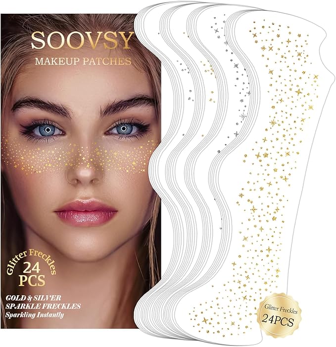 24pcs Gold and Silver Glitter Freckles Face Tattoo, Sparkle Freckles Temporary Face Tattoos, Body Face Glitter Makeup Patches Speckles, Waterproof Long Lasting Makeup Accessories for Women Girls