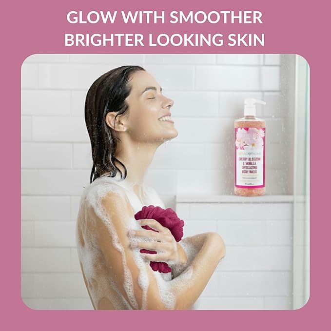 SpaScriptions Cherry Blossom & Vanilla Exfoliating Body Wash - 32 fl oz Scented, Hydrating Body Wash Scrub for Women, Natural Daily Cleanser for Smooth, Radiant, Healthy-Looking Skin, Paraben Free