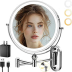 9" Wall Mounted Lighted Makeup Mirror,4000mAh Rechargeable Double Sided 1X/10X Magnifying Mirror with Light,3 Color Lights,Touch Dimmable,Extended Arm 360 Rotation Wall Mounted Makeup Mirror