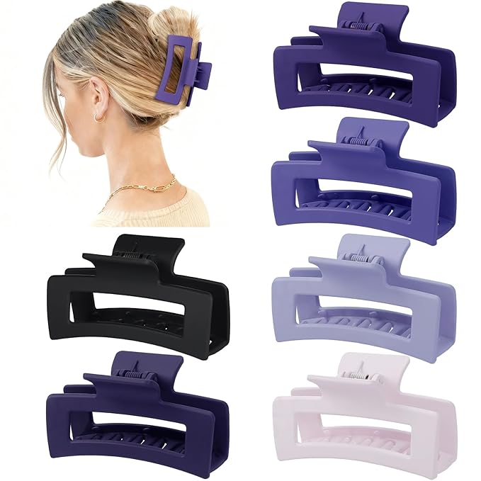 3.5 Inch Medium Hair Claw Clips 6 Pack Hair Clips for Women Square Rectangle Claw for Hair Banana Jaw Clips Hair Accessories for Girls (Purple)