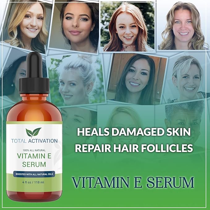 Total Activation Vitamin E Face Serum – Organic Vitamin E Oil 100% Pure, Cold Pressed for Skin, Face, Hair & Nails – Moisturizer for Dry Skin, Scars & Anti-Aging – for Glowing Skin – 4 oz