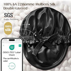 YFONG Double Layered 100% Mulberry Silk Bonnet for Sleeping Women, 22 Momme 6A Luxury Silk Sleep Cap with Elastic Band & Tie, Natural Night Wrap for Hair Care Short Long Curly Hair, Black
