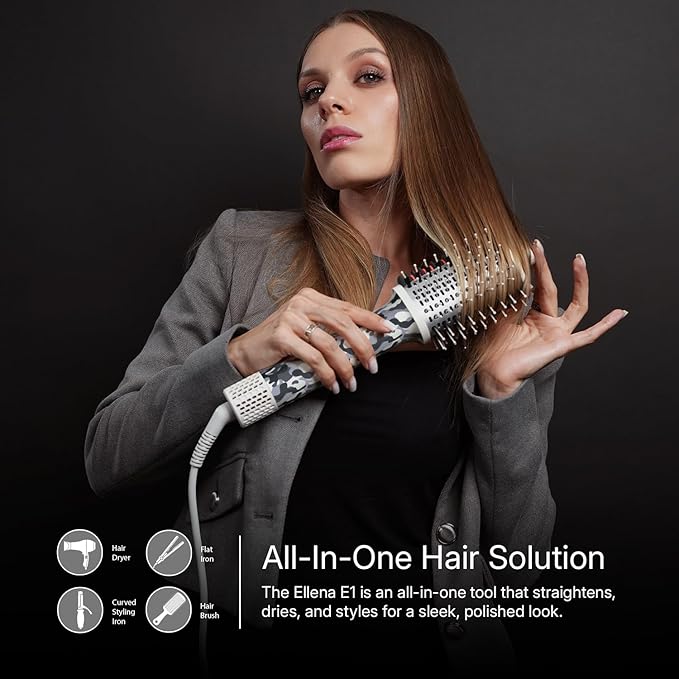 Ellena E1 Blow Dryer + Straighten Hair Brush Dual Mode, Hot Air Brush with 110000RPM High Speed Brushless Motor/Oval Air Barrel/3D Teeth Heated Comb/Handheld Cored, Styler Tool for All Hair Types