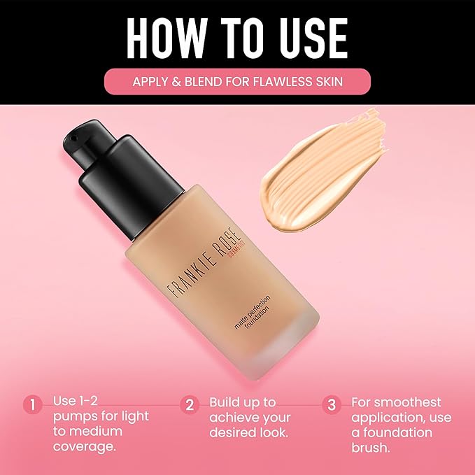 Frankie Rose Cosmetics Matte Perfection Foundation Makeup – Long-Lasting, Hydrating Foundation for Semi-Matte Finish - Full Coverage for All Skin Types - (Vintage) 1.0 US fl oz / 30 ml