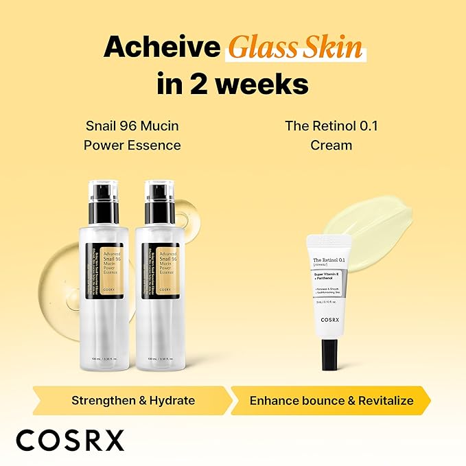 COSRX Snail 96% Mucin Power Essence 2ea & Retinol 0.1% Cream Mini Sample 1ea, Glass Skin Starter Set, Amazon Exclusive, Daily Hydrating & Firming Korean Skin Care Kit, Gift Set, Stocking Stuffers