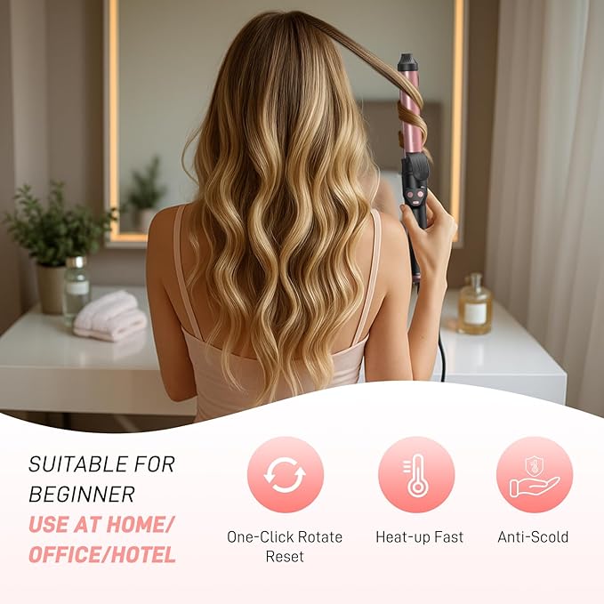 Automatic Curling Iron 1 Inch with 3-in-1 Interchangeable Barrels, Anti-Tangle Beach Waves Hair Curler, Beginner Friendly Dual Voltage Travel Curling Wand for Long Short Hair Pink, Gifts for Women Pro