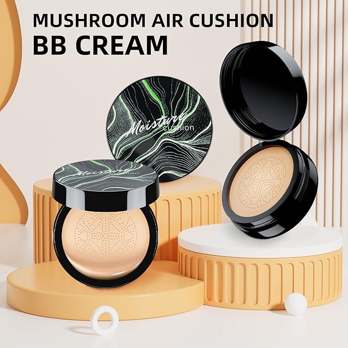 Mushroom Head Air Cushion CC Cream - BB Cream Foundation Makeup Moisturizing Concealer Long-Lasting, Cushion Foundation Full Coverage Self Adjusting for Mature Skin & All Skin Types (2 PCS Buff Beige)