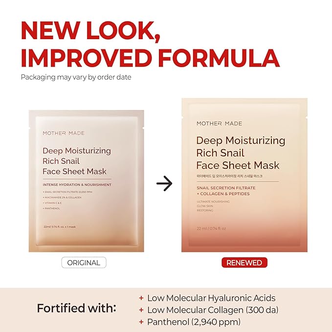 MOTHER MADE Glowing Glass Skin Hydrating Snail Deep Collagen Face Masks Set of 20 EA, with Niacinamide 2%, Vitamin E, Facial Mask for Dry, Sensitive Skin, Self Care, Korean Skincare