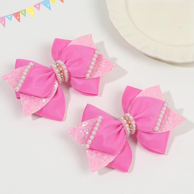 4" Sparkly Glitter Sequin Ribbon Hair Bow Clips,Pearl Wedding Boutique Alligator Barrettes Pins for Teens Toddler,Cheerleader Girls Kids Birthday Party Dress Decor Accessory (Pink)