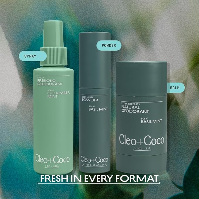 Cleo + Coco. Deodorant Powder for Body and Hair, Basil Mint (0.88 oz), 2-in-1 Deo Powder & Dry Shampoo for Women & Men, Aluminum Free Deodorant, Talc-Free, Anti Chafe Protector, Travel-Size