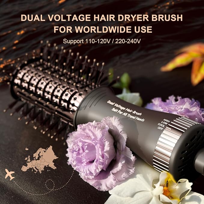 Travel Dual Voltage Hair Dryer Brush 4-in- 1,Portable Mini Hot Air Blow Dryer Straightener & Curler Brush,Titanium Oval Blowout Styler Volumizer Tools-Dark Chocolate