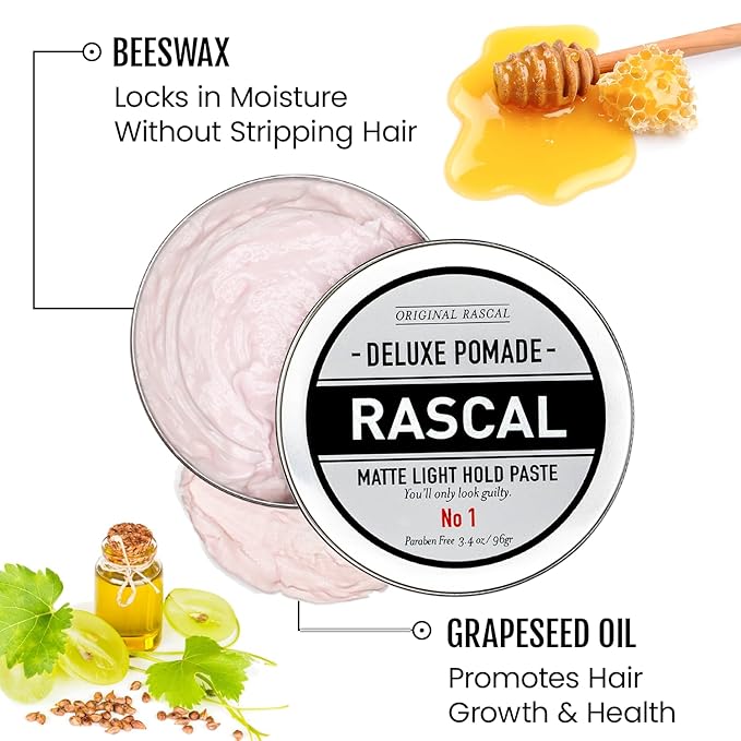 Original Rascal Deluxe Pomade for Men #1 - Matte Hair Paste with Light Hold & Shine - Men's Styling Dry Care Solution Product for All Hair Types - Natural Infused with Beeswax & Grapeseed Oil - 3.4 oz