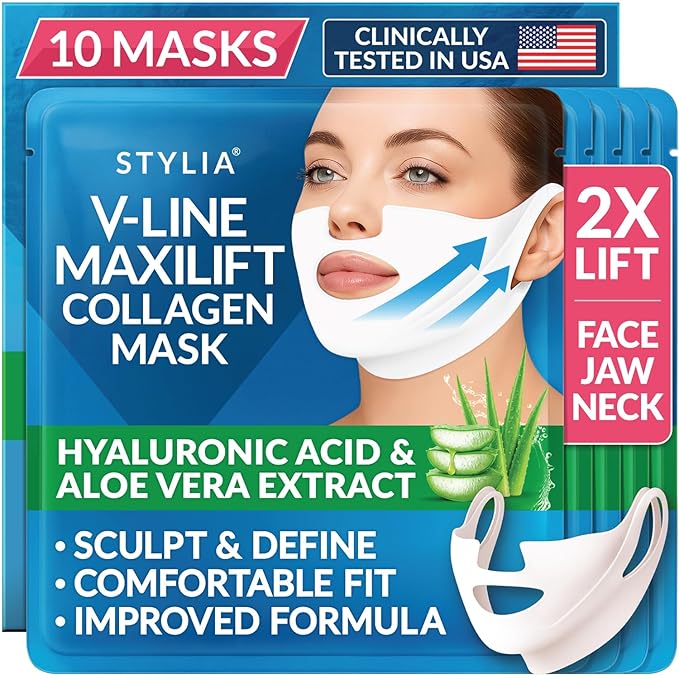 Stylia MaxiLift V-Line Lifting Collagen Face Mask - Advanced Double Chin Reducer - Jawline Shaper - Neck Firming and Tightening Mask with Hyaluronic Acid & Aloe Vera - Chin Strap for Sleeping (10PC)