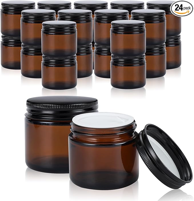 2oz Empty Amber Glass Jars with Lids 24 Pack Cosmetic Containers with Lids for Travel Lotion Cream Candle