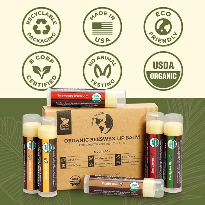 Earth's Daughter USDA Organic Lip Balm 6-Pack Stocking Stuffers - Fruit Flavors, Beeswax, Coconut Oil, Vitamin E - Best Lip Repair Chapstick for Dry Cracked Lips - Moisturizing Lip Care