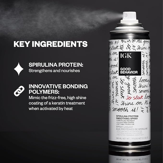 IGK Glass Hair Duo | Good Behavior Spirulina Smoothing Spray + Disco Disco Clear Gloss Shine Spray | Keratin Like Treatment + Glossy Finish | 5.6 oz + 5.3 oz