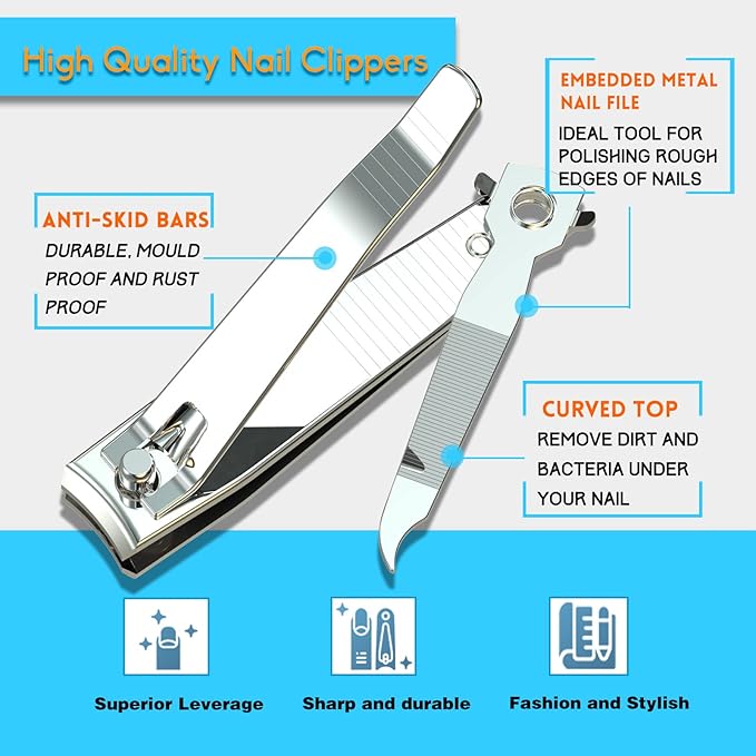 2PCS Stainless Steel Nail Clippers,Professional Fingernail Clipper and Toenail Clipper, Wide Easy Press Lever Nail Cutter with Swing Out Nail Cleaner/File for Men and Women
