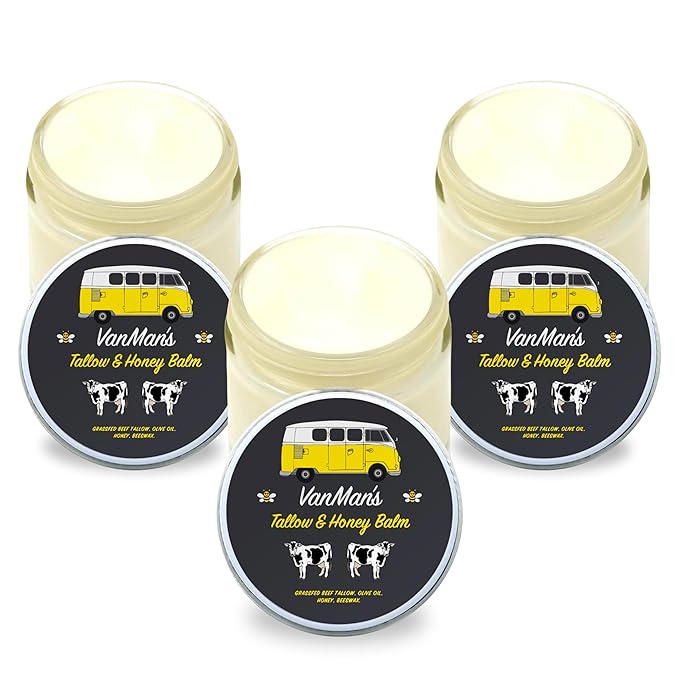 Vanman's Tallow and Honey Balm With No Added Scent (3 Pack) - Beef Tallow Face Moisturizer with Grass-Fed/Finished Beef Tallow for Skin, Organic Raw Honey and Beeswax, Cold Pressed Olive Oil - 2 oz