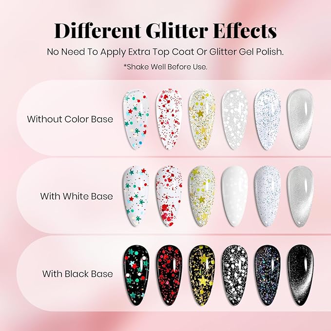 Beetles Christmas Limited Gel Top Coat Set, 6Pcs 10ml Winter Sparkle Glitter Cat Eye Top Coat Gel Nail Polish No Wipe Long Lasting Soak Off U V LED New Year Manicure Salon DIY Gifts for Women