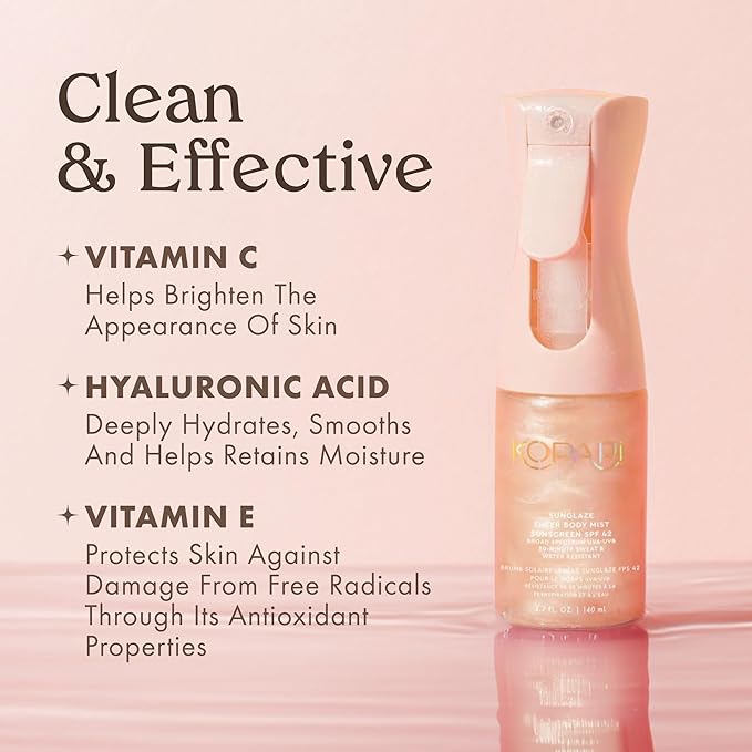 Kopari Rose Gold Sunglaze Sheer Body Mist Sunscreen SPF 42, Infused with Shimmering Body Oil, Hydrating Mist, Hydrates, Brightens, Makeup Friendly, Gives Skin a Glowy Finish, Lightweight,