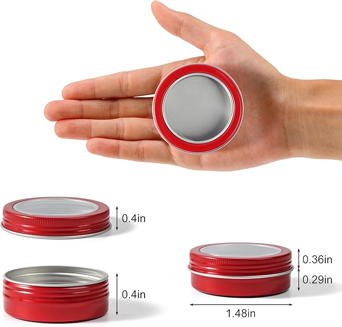 24 Pack 2 Ounce Screw Top Aluminum Tin Jar with Screw Clear Lid and Blank Labels, Refillable 60ml Metal Containers for Lip Balms, Candles, Salves, Spices, Crafts (Red)