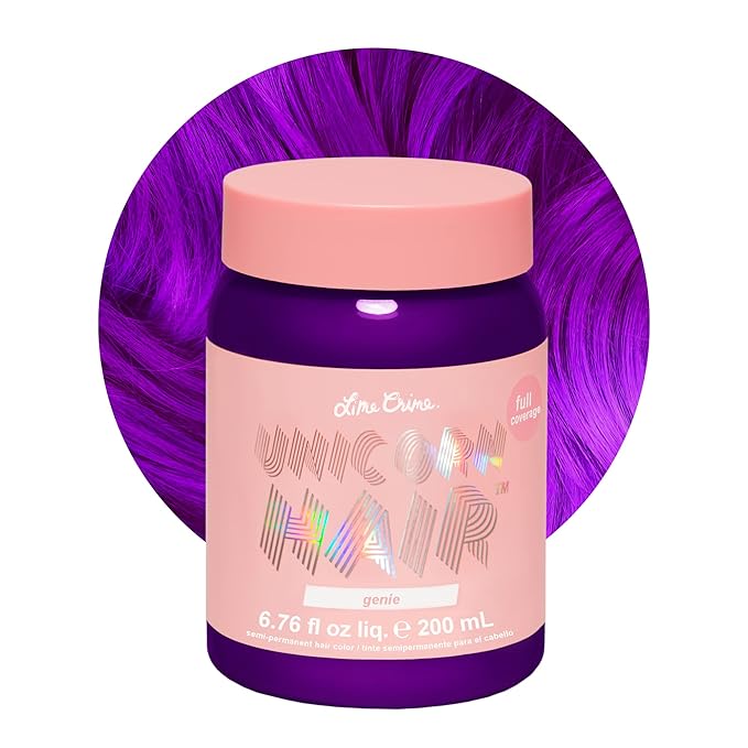 Lime Crime Unicorn Hair Dye Full Coverage, Genie (Deep Violet Purple) - Damage-Free Semi-Permanent Hair Color Conditions & Moisturizes - Temporary Hair Tint Kit Has A Sugary Citrus Vanilla Scent