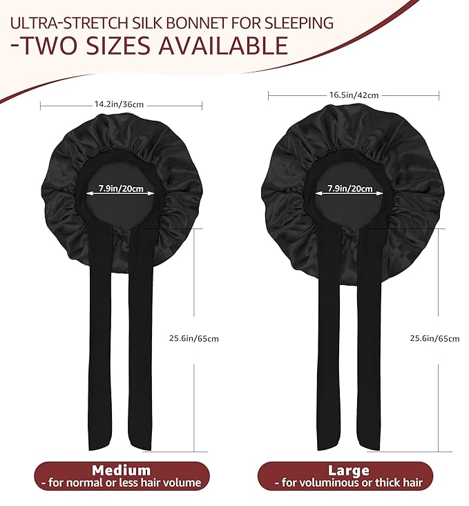 HiRui Silk Satin Bonnet for Sleeping Women, Double-Layer Sleep Cap Shower Cap with Adjustable Tie, Moisture Retaining Satin Lined Hair Bonnet for Curly and Natural Hair (Black, Medium)