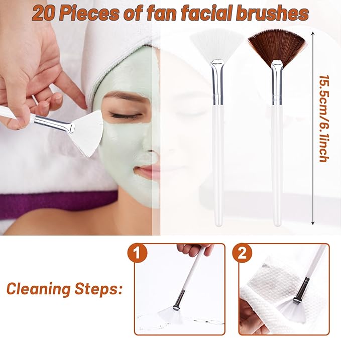 20 Pieces Fan Brushes Facial Applicator Brush Soft Makeup Mask Acid Applicator Brush Esthetician Cosmetic Brush for Mud Cream, Makeup Peel (White and Brown)