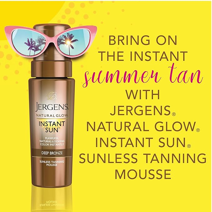Jergens Natural Glow Instant Sun Self Tanner Mousse Bundle, Deep Bronze, Sunless Tanning, 6 Oz Bottle and Application Mitt