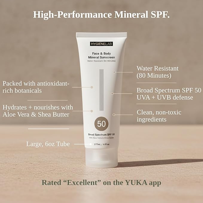 HygieneLab Mineral Sunscreen SPF 50 – Invisible Sheer Finish, Rated Excellent on Yuka, Zinc Oxide, Broad Spectrum UVA/UVB Protection, Reef Safe, Aloe Vera & Shea Butter Hydration (Large 6 oz)