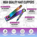 2PCS Stainless Steel Nail Clippers,Rainbow Fingernail Clipper and Toenail Clipper, Wide Easy Press Lever Nail Cutter with Swing Out Nail Cleaner/File for Men and Women
