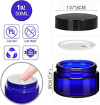 24 Pack 1 oz Round Blue Glass Cosmetic Jars with Inner Liners and Black Lids, Travel Glass Jars, Cosmetic Containers for Lip Balms, Powders, Makeup, Cream, Eyeshadow, Slime, Paint