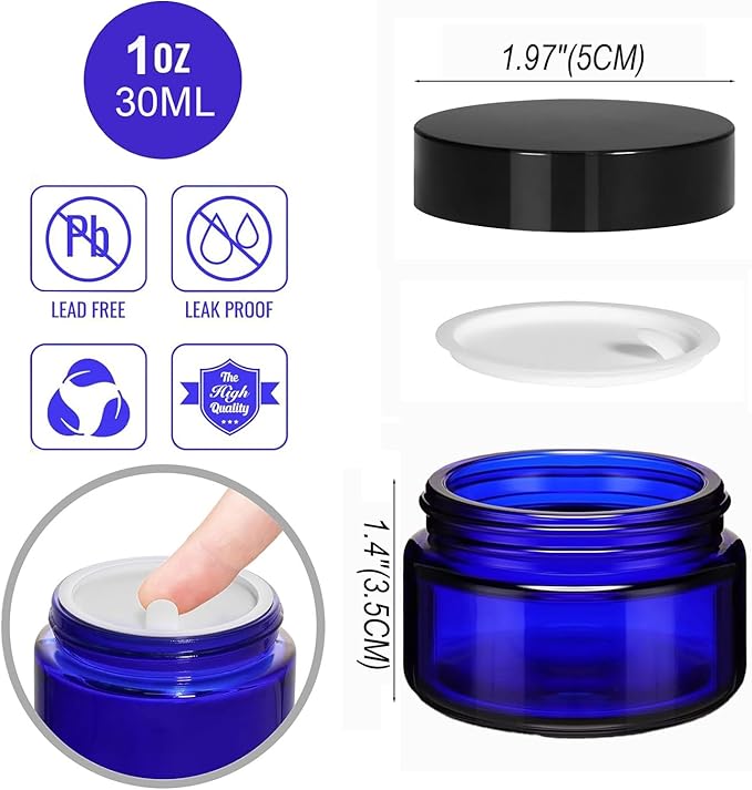 24 Pack 1 oz Round Blue Glass Cosmetic Jars with Inner Liners and Black Lids, Travel Glass Jars, Cosmetic Containers for Lip Balms, Powders, Makeup, Cream, Eyeshadow, Slime, Paint