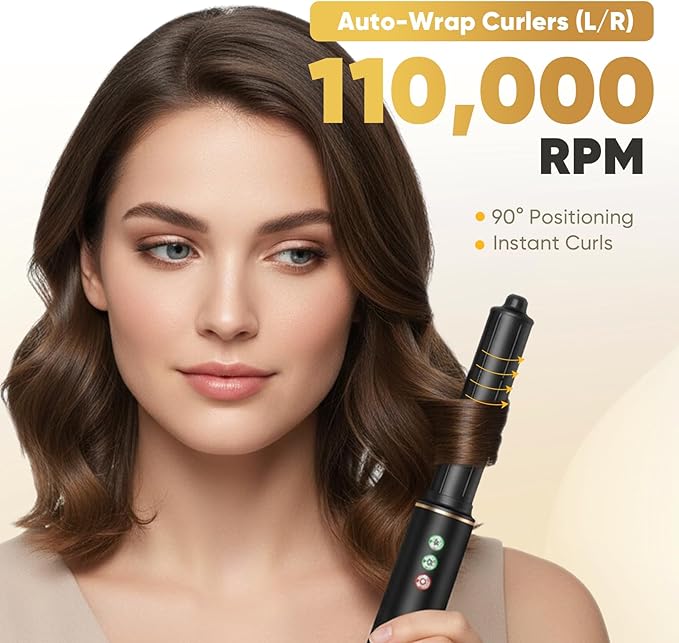 5-in-1 Hair Styler & Dryer, 110,000 RPM Ionic, Auto-Wrap Curling Barrels (L/R), Oval Volumizer & Straightening Brush, 3 Heat/3 Speed, Quick-Lock